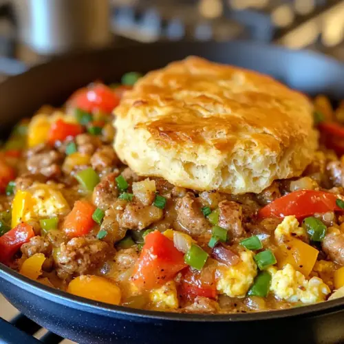 Breakfast Pot Pie with Honey Butter Biscuit