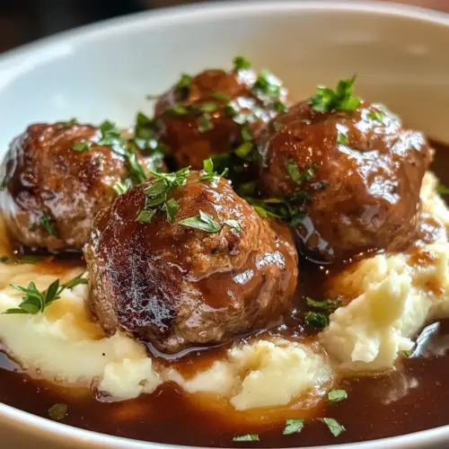 Salisbury Steak Meatballs with Garlic Herb Mashed Potatoes