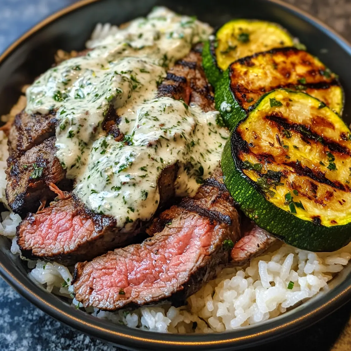 Grilled Steak Bowl with Sauce & Grilled Zucchini Bliss