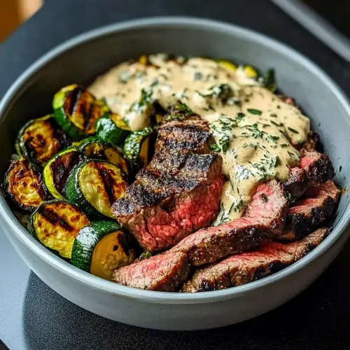 Grilled Steak Bowl with Sauce & Grilled Zucchini