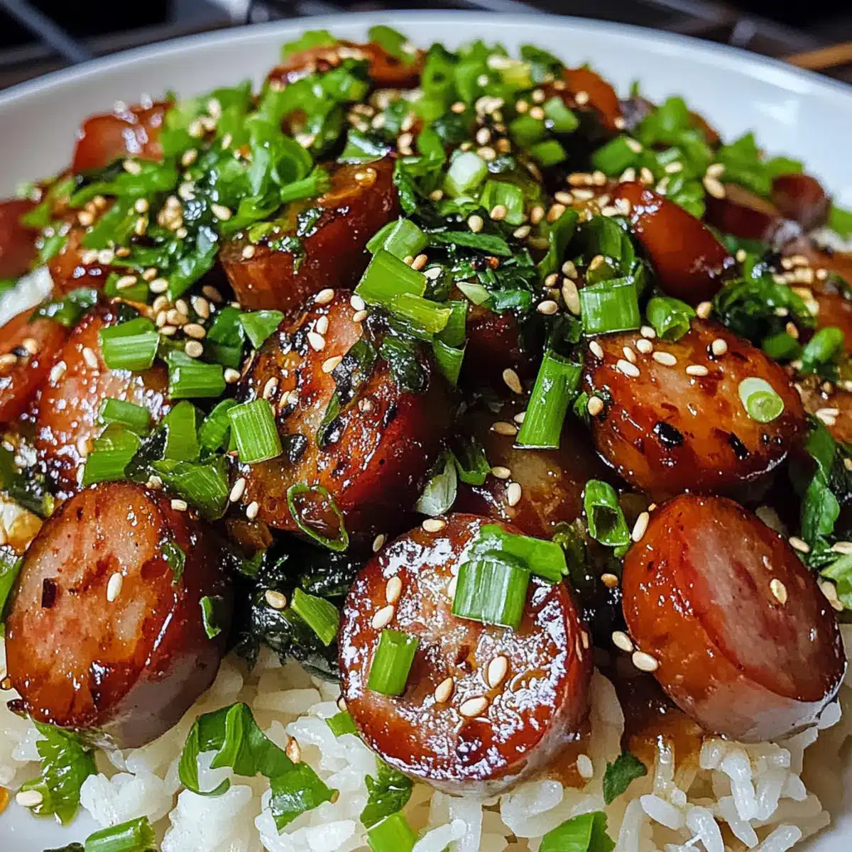 Sticky Honey Garlic Smoked Sausage Rice