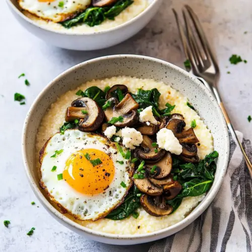 Goat Cheese Grits with Garlic Butter Mushrooms and Spinach