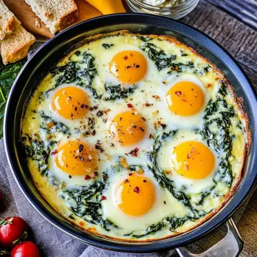 Baked Eggs in Ricotta Parmesan Creamed Spinach