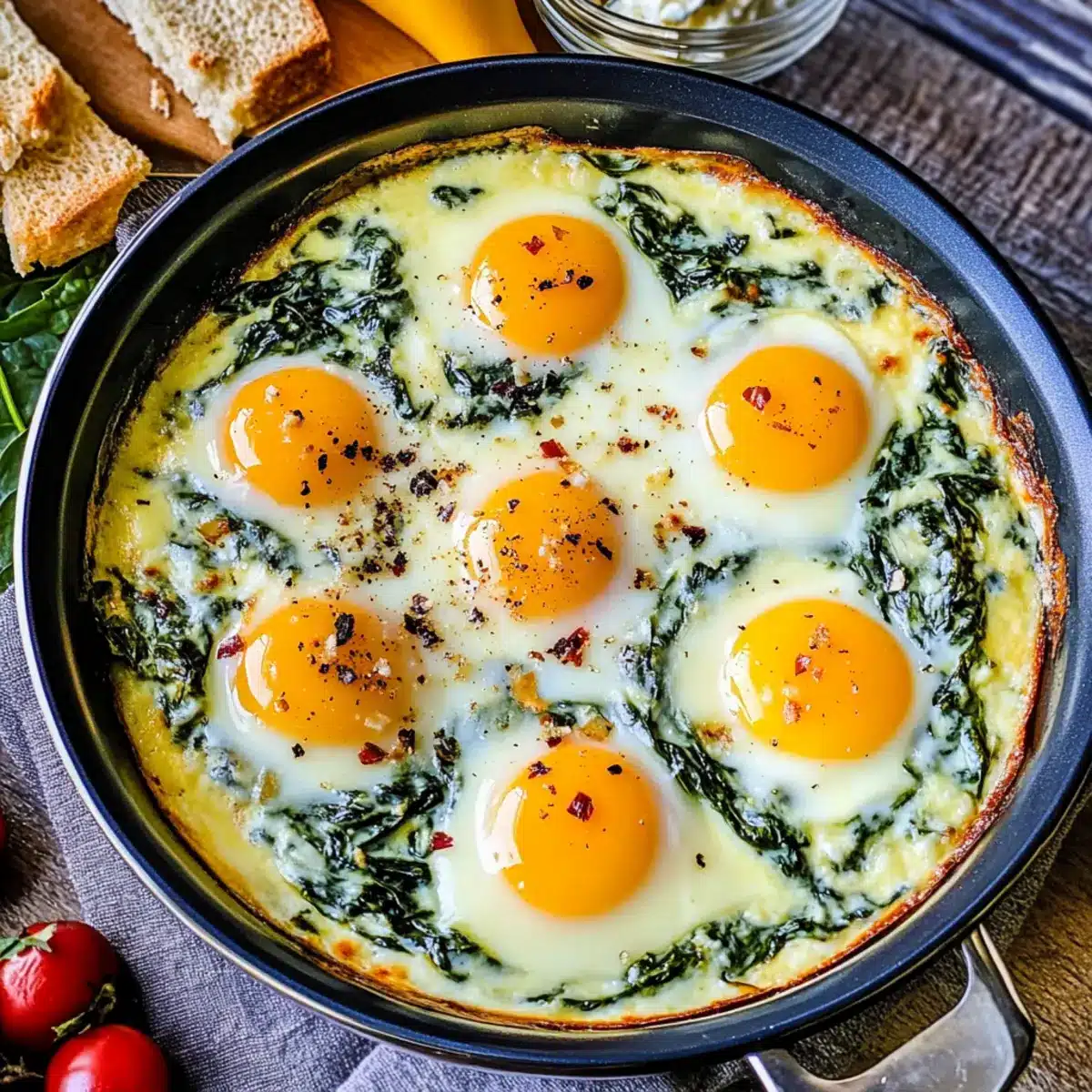 Baked Eggs in Ricotta Parmesan Creamed Spinach