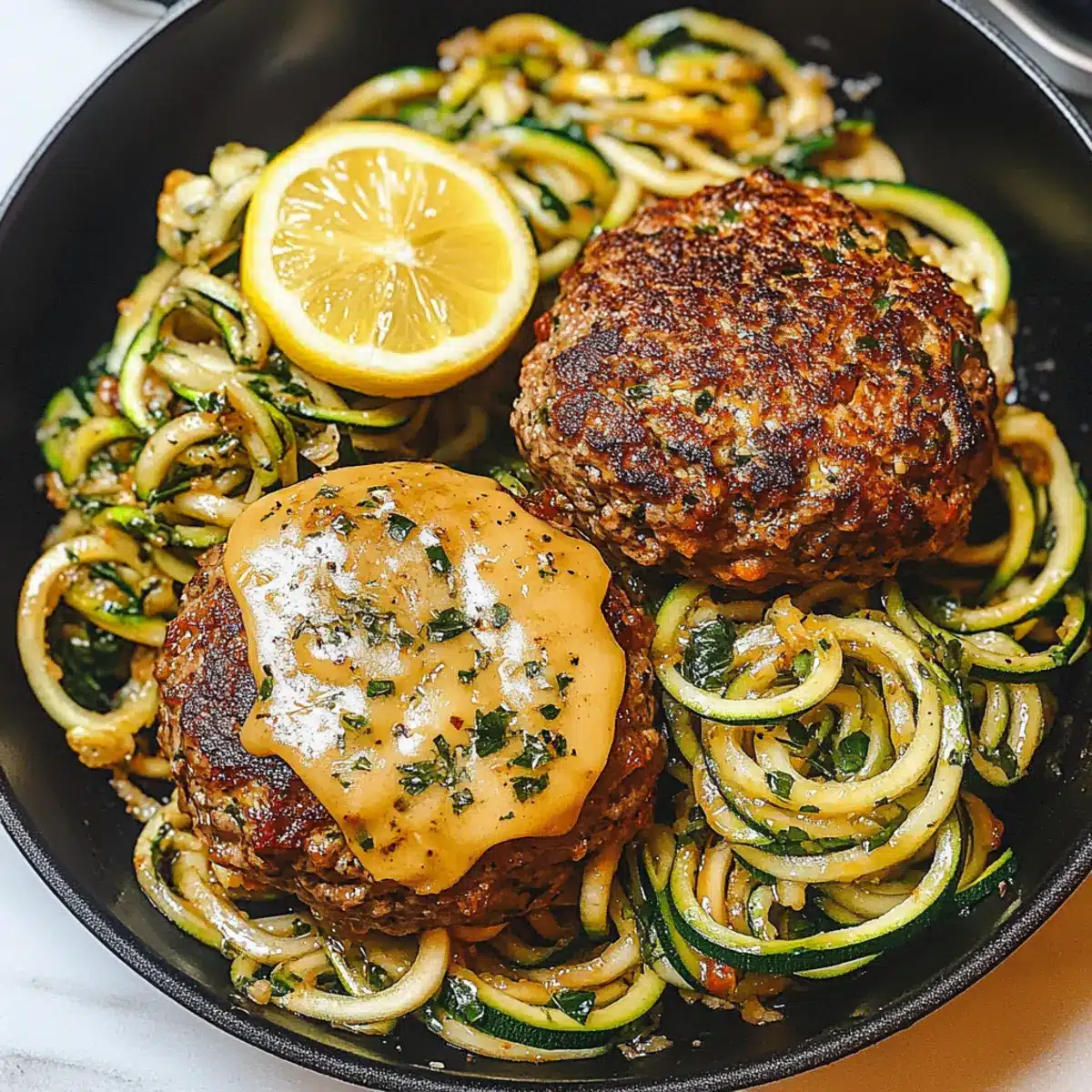 Garlic Burgers with Lemon Butter Zucchini Noodles